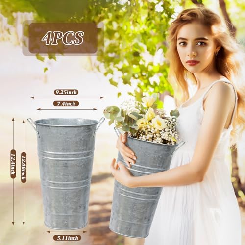12 Inch High Galvanized Bucket Vase w/Handle 4Pcs White Metal Vases, alternate view 3