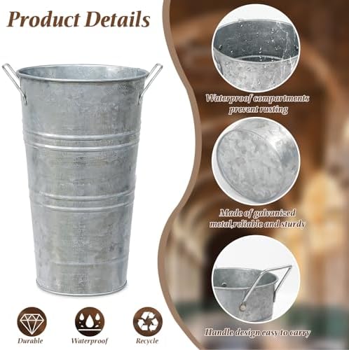 12 Inch High Galvanized Bucket Vase w/Handle 4Pcs White Metal Vases, alternate view 4