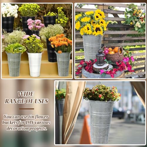 12 Inch High Galvanized Bucket Vase w/Handle 4Pcs White Metal Vases, alternate view 7