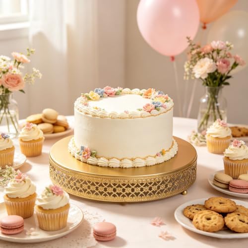 12 Inch Luxury Gold Cake Stand, Round Metal Dessert Display in Dark Gold, alternate view 2