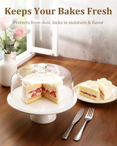 12 Inch Porcelain Cake Stand with Acrylic Dome Lid, White Pedestal in White, alternate view 4