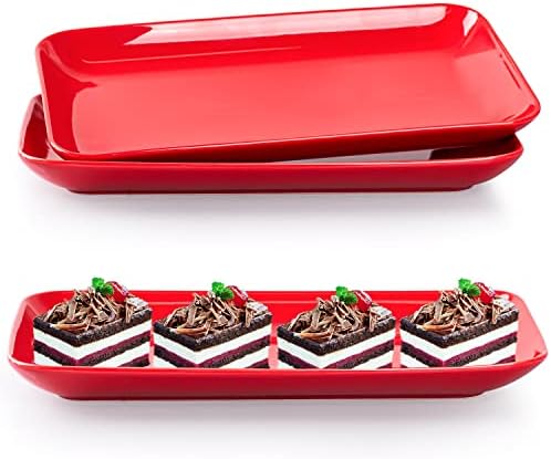 12 Inch Rectangular Serving Platter Set of 3, Red Porcelain Serving Plates, Appetizer Salad Dessert Trays for