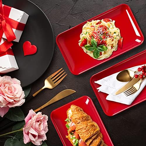 12 Inch Rectangular Serving Platter Set of 3, Red Porcelain Serving Plates, Appetizer Salad Dessert Trays for, alternate view