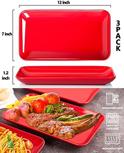 12 Inch Rectangular Serving Platter Set of 3, Red Porcelain Serving Plates, Appetizer Salad Dessert Trays for, alternate view