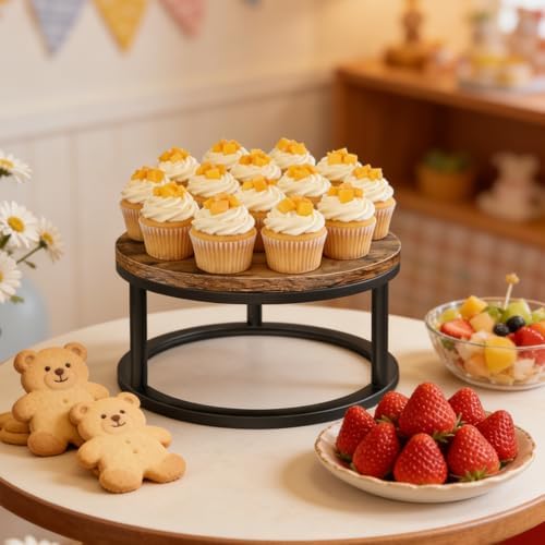 12 Inch Rustic Round Cake Stand, Wood Cupcake Pedestal Serving Tray Display in Black, alternate view 2