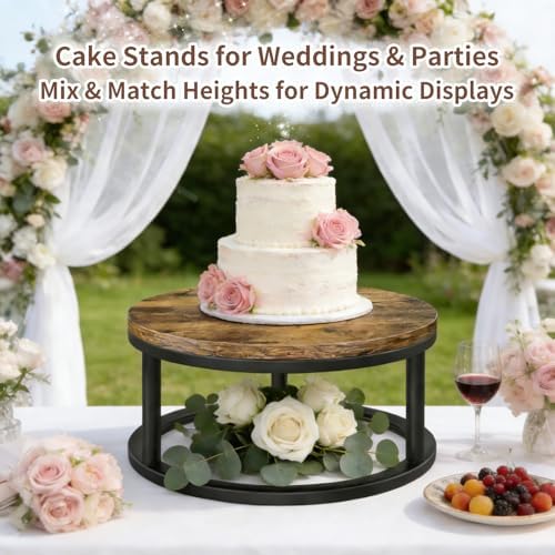 12 Inch Rustic Round Cake Stand, Wood Cupcake Pedestal Serving Tray Display in Black, alternate view 4