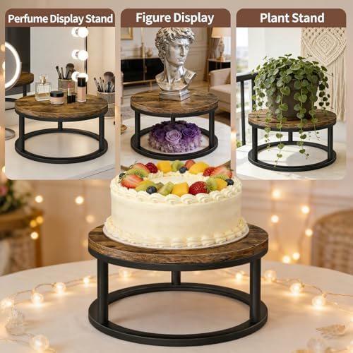 12 Inch Rustic Round Cake Stand, Wood Cupcake Pedestal Serving Tray Display in Black, alternate view 5