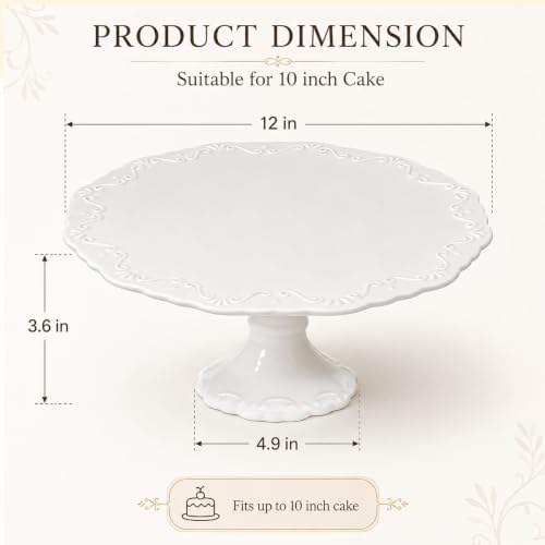 12 Inch White Embossed Lace Ceramic Cake Stand Round Relief Dessert Display Plate for Birthday Wedding Tea Party, alternate