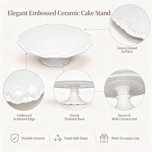 12 Inch White Embossed Lace Ceramic Cake Stand Round Relief Dessert Display Plate for Birthday Wedding Tea Party, alternate