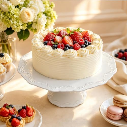 12 Inch White Embossed Lace Ceramic Cake Stand Round Relief Dessert Display Plate for Birthday Wedding Tea Party, alternate