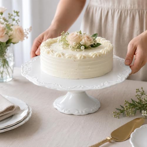 12 Inch White Embossed Lace Ceramic Cake Stand Round Relief Dessert Display Plate for Birthday Wedding Tea Party, alternate