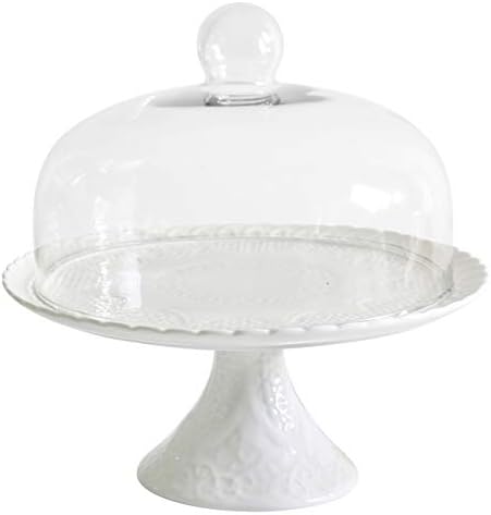 12 Inches White Porcelain Cake Stand-Cupcake Stand with Glass Dome in White