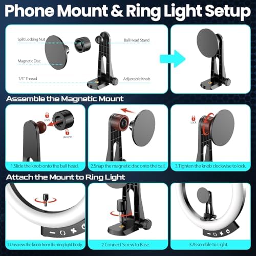 12'' LED Ring Light with 62'' Tripod Stand and Magnetic Phone Holder, Selfie Ring Light for Video Recording, alternate view 3