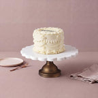 12" Marble Cake Stand, Scalloped Rim Dessert Platter, White in White, Bronze