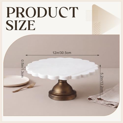 12" Marble Cake Stand, Scalloped Rim Dessert Platter, White in White, Bronze, alternate view 2