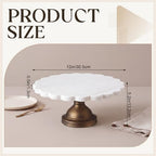 12" Marble Cake Stand, Scalloped Rim Dessert Platter, White in White, Bronze, alternate view 2