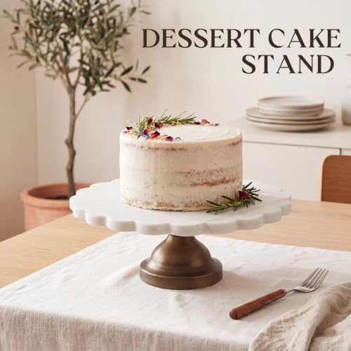 12" Marble Cake Stand, Scalloped Rim Dessert Platter, White in White, Bronze, alternate view 6