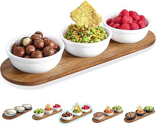 12 oz Solid Ceramic Chip and Dip Serving Set with Acacia Wooden Tray, 5-inch White Dipping Bowls, Small Serving