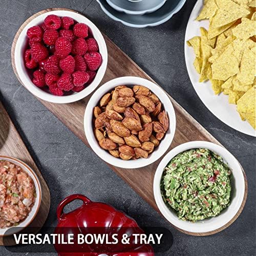 12 oz Solid Ceramic Chip and Dip Serving Set with Acacia Wooden Tray, 5-inch White Dipping Bowls, Small Serving, alternate