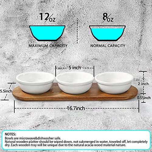 12 oz Solid Ceramic Chip and Dip Serving Set with Acacia Wooden Tray, 5-inch White Dipping Bowls, Small Serving, alternate