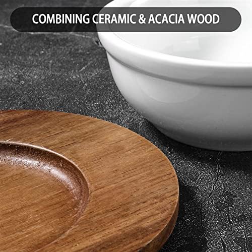 12 oz Solid Ceramic Chip and Dip Serving Set with Acacia Wooden Tray, 5-inch White Dipping Bowls, Small Serving, alternate