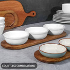 12 oz Solid Ceramic Chip and Dip Serving Set with Acacia Wooden Tray, 5-inch White Dipping Bowls, Small Serving, alternate