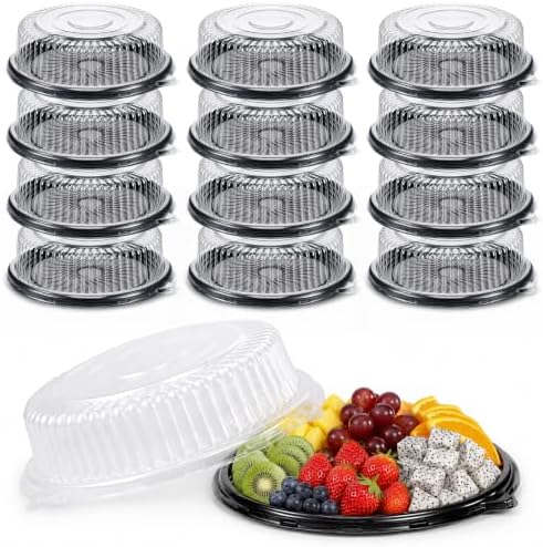 12 Pack 12" Serving Trays with Lids, Plastic Party Platters, Catering Trays in 12" in Black, Clear