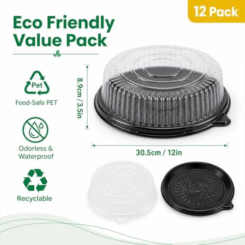 12 Pack 12" Serving Trays with Lids, Plastic Party Platters, Catering Trays in 12" in Black, Clear, alternate view 3