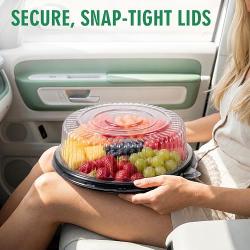 12 Pack 12" Serving Trays with Lids, Plastic Party Platters, Catering Trays in 12" in Black, Clear, alternate view 7