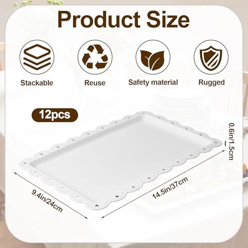 12 Pack 14.6 x 9.4 Inches Disposable Serving Platters Rectangle White Plastic Serving Trays Reusable BPA Free, alternate view