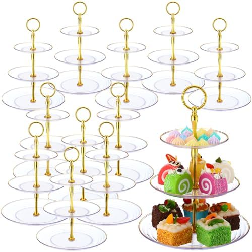 12 Pack 3 Tier Clear Plastic Cupcake Stands Bulk in Clear