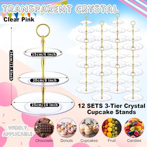 12 Pack 3 Tier Clear Plastic Cupcake Stands Bulk in Clear, alternate view 4