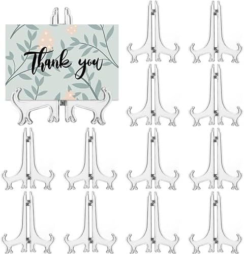 12 Pack 4 Inch Clear Plastic Easels or Stand/Plate Holders to Display Pictures or Other Items at Weddings, Plate