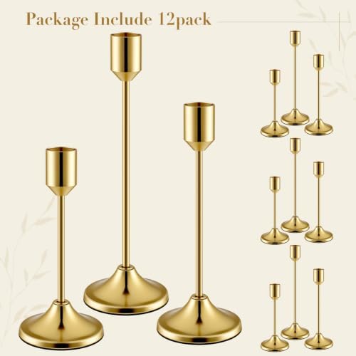 12 Pack (4 Sets) Brass Gold Metal Taper Candle Holders Candlestick Holders in Vintage Gold, alternate view 7