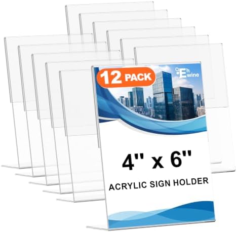 12 Pack 4 x 6 Acrylic Sign Holder, Clear Plastic Signs Display Stand, Vertical Slanted Back Paper Holder Stand