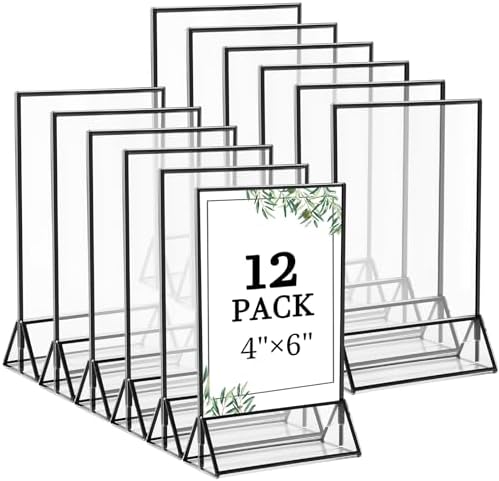 12 Pack 4x6 Inch Clear Acrylic Sign Holders, Black Border Double-Sided Vertical Picture Frames & Display Stands