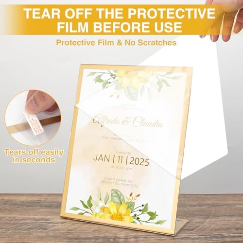12 Pack 5 x 7 Acrylic Sign Holder, Clear Plastic Signs Display Stand, Gold Slanted Back Paper Holder Stand up, alternate view