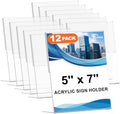 12 Pack 5 x 7 Acrylic Sign Holder, Clear Plastic Signs Display Stand, Vertical Slanted Back Paper Holder Stand