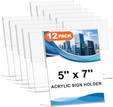 12 Pack 5 x 7 Acrylic Sign Holder, Clear Plastic Signs Display Stand, Vertical Slanted Back Paper Holder Stand