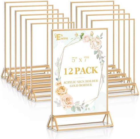12 Pack 5x7 Gold Acrylic Sign Holders, Double-Sided Tabletop Stand in Gold
