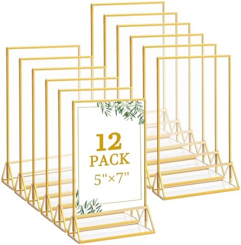 12 Pack 5x7 Inch Clear Acrylic Sign Holders, Gold Border Double-Sided Vertical Picture Frames & Display Stands