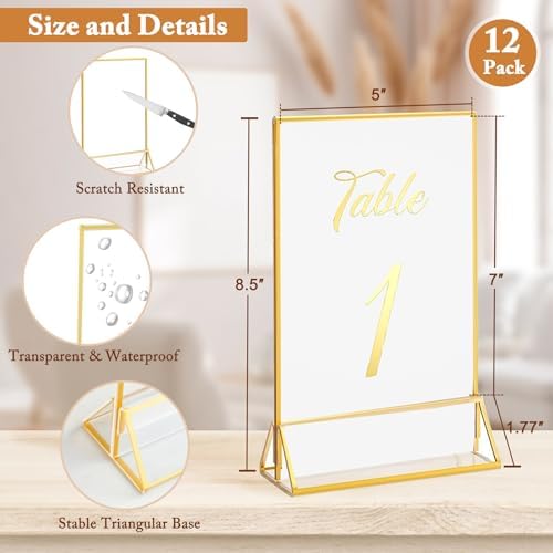 12 Pack 5x7 Inch Clear Acrylic Sign Holders, Gold Border Double-Sided Vertical Picture Frames & Display Stands, alternate