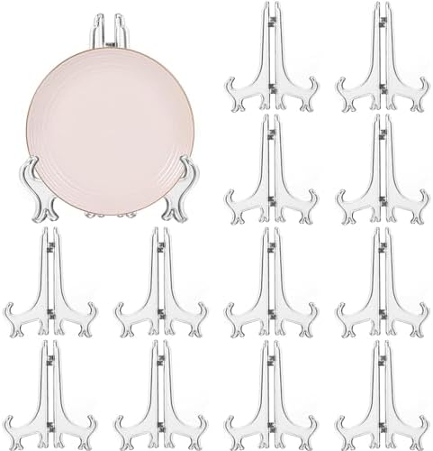 12 Pack 7 Inch Clear Plastic Easels or Stand/Plate Holders to Display Pictures or Other Items at Weddings, Plate