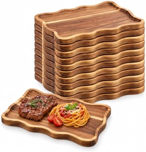 12 Pack 8 x 12 Inch Acacia Wood Serving Trays, Scalloped in 8 x 12 Inch in Brown