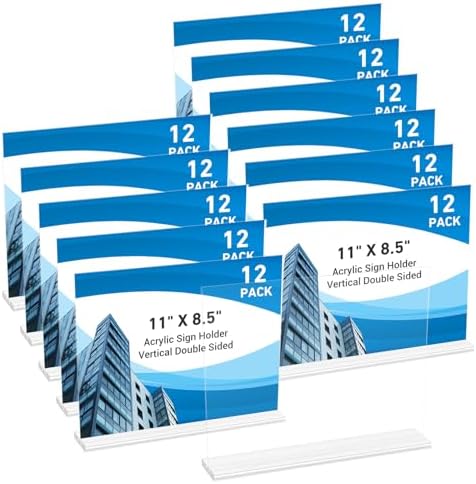 12 Pack Acrylic Sign Holder 11 x 8.5 Horizontal, Double-Sided Clear Sign Holder Plastic Stands for Display, T