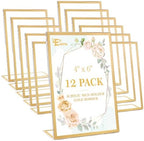 12 Pack Acrylic Sign Holder 4 x 6, Gold Picture Frame Stand up Table Top Sign Holders, Slanted Back Paper Holder