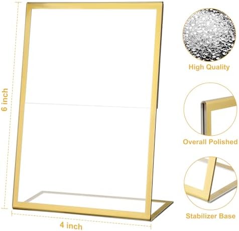12 Pack Acrylic Sign Holder 4 x 6, Gold Picture Frame Stand up Table Top Sign Holders, Slanted Back Paper Holder, alternate