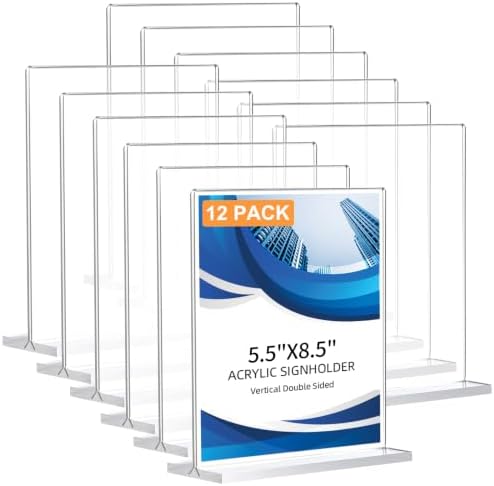 12 Pack Acrylic Sign Holder 5.5 x 8.5, Double-Sided Clear Sign Holder Plastic Stands for Display, T Shape