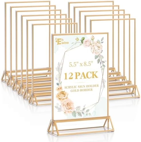 12 Pack Acrylic Sign Holder 5.5 x 8.5, Double Sided Gold Picture Frame Stand up Table Top Sign Holders, Clear