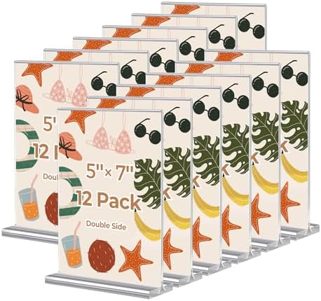 12 Pack Acrylic Sign Holder 5 x 7, Double-Sided Clear Sign Holder Plastic Stands for Display, T Shape Acrylic